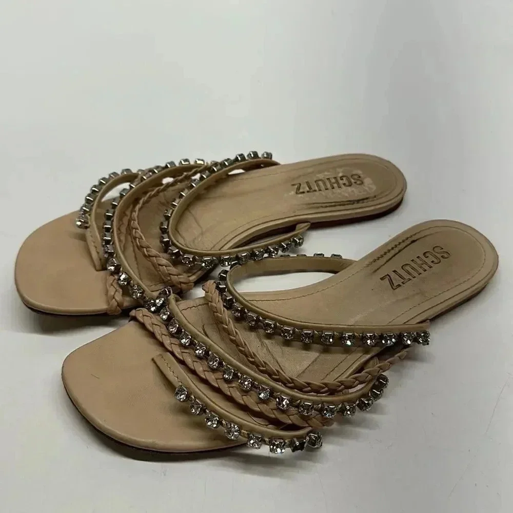Schutz Sandals Slides Flats Jeweled Embellished Braided Leather Tan Brown Size 6